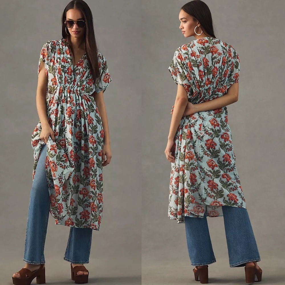 Anthropologie Floral Tunic in Light Blue and Rust Red